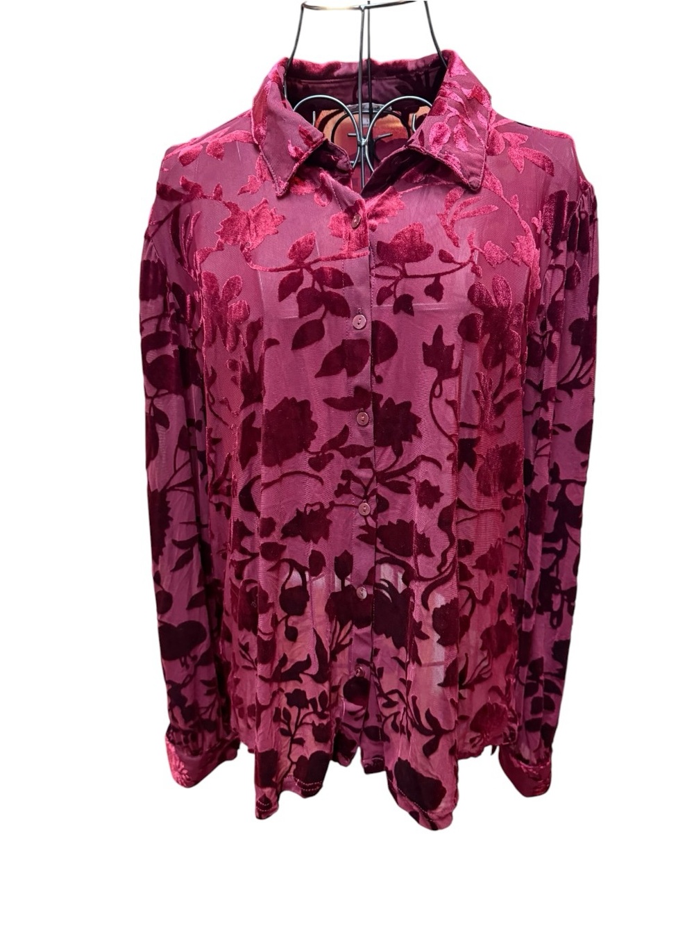 Whimsigoth Romantic Floral Burnout Velvet Button-Down Shirt - Magenta